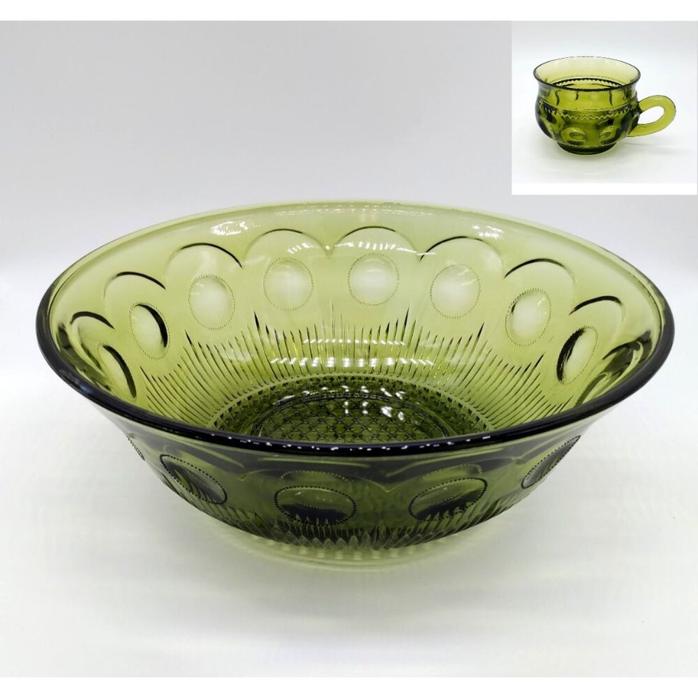 Vintage Bartlett Collins Green Glass Serving Bowl & FREE CUP